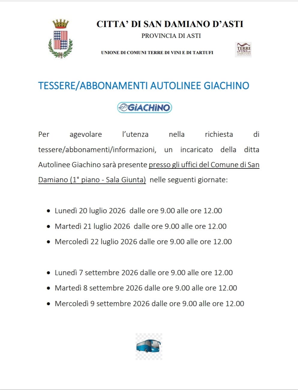 SAN DAMIANO D'ASTI / ABBONAMENTI AUTOLINEE GIACHINO